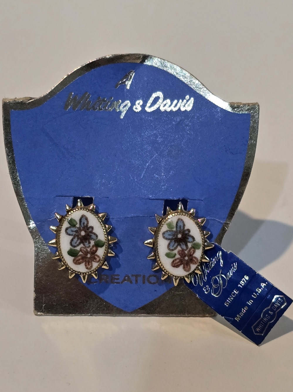 Vintage Whiting & Davis Enamel Oval Clip Earrings with Blue & Red Flowers, New